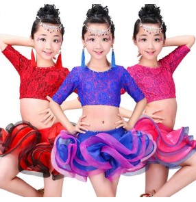 Royal blue fuchsia hot pink lace patchwork diamond split set girls kids children toddlers baby school play latin ballroom practice performance latin dance dresses outfits